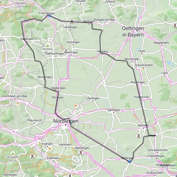 Map miniature of "The Alerheim Loop" cycling inspiration in Schwaben, Germany. Generated by Tarmacs.app cycling route planner