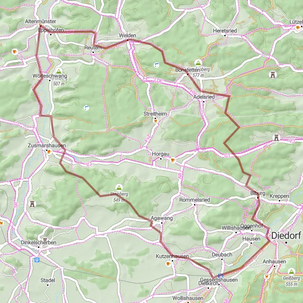 Karten-Miniaturansicht der Radinspiration "Altenmünster-Staufenberg-Wörleschwang Gravel Tour" in Schwaben, Germany. Erstellt vom Tarmacs.app-Routenplaner für Radtouren