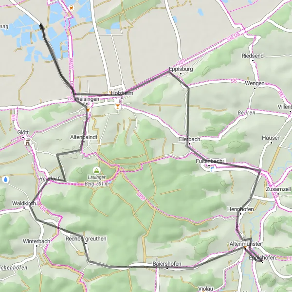 Karten-Miniaturansicht der Radinspiration "Altenmünster-Eppisburg-Hennhofen Rundfahrt" in Schwaben, Germany. Erstellt vom Tarmacs.app-Routenplaner für Radtouren