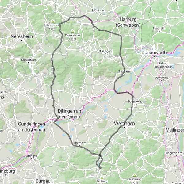 Karten-Miniaturansicht der Radinspiration "Weisingen-Wasserberg-Wertingen Rundfahrt" in Schwaben, Germany. Erstellt vom Tarmacs.app-Routenplaner für Radtouren