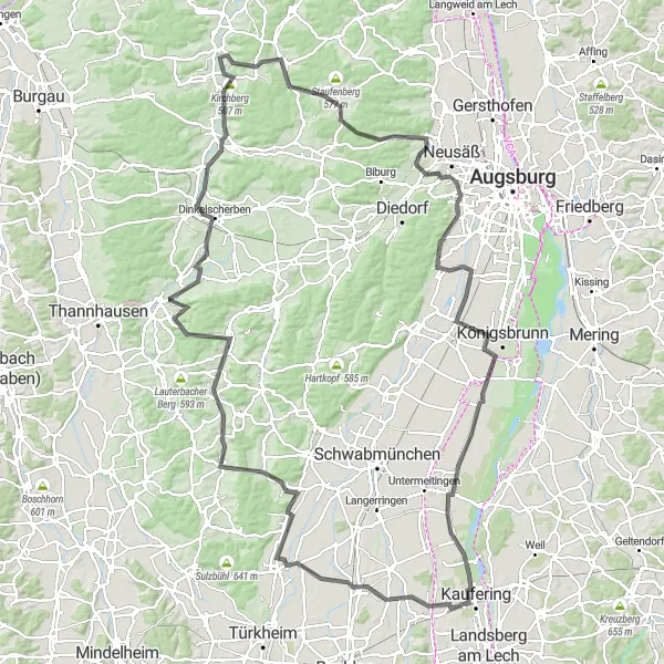 Karten-Miniaturansicht der Radinspiration "Rund um Altenmünster: Schwabens Hügel erkunden" in Schwaben, Germany. Erstellt vom Tarmacs.app-Routenplaner für Radtouren