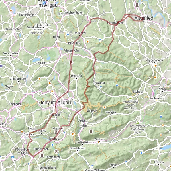 Karten-Miniaturansicht der Radinspiration "Kiesige Hügel und malerische Ortschaften" in Schwaben, Germany. Erstellt vom Tarmacs.app-Routenplaner für Radtouren