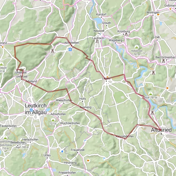 Map miniature of "Scenic Gravel Adventure" cycling inspiration in Schwaben, Germany. Generated by Tarmacs.app cycling route planner