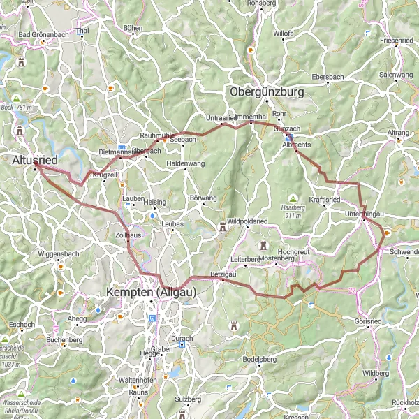 Map miniature of "Gravel Adventure to Krugzell" cycling inspiration in Schwaben, Germany. Generated by Tarmacs.app cycling route planner