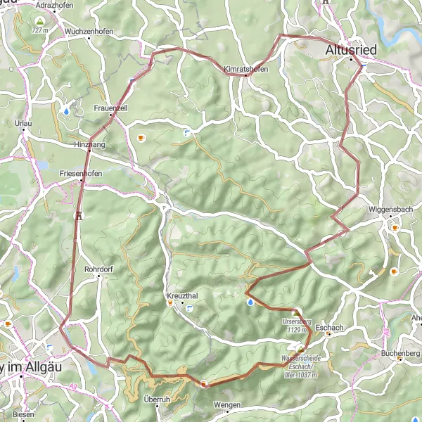 Map miniature of "Altusried Gravel Ride" cycling inspiration in Schwaben, Germany. Generated by Tarmacs.app cycling route planner