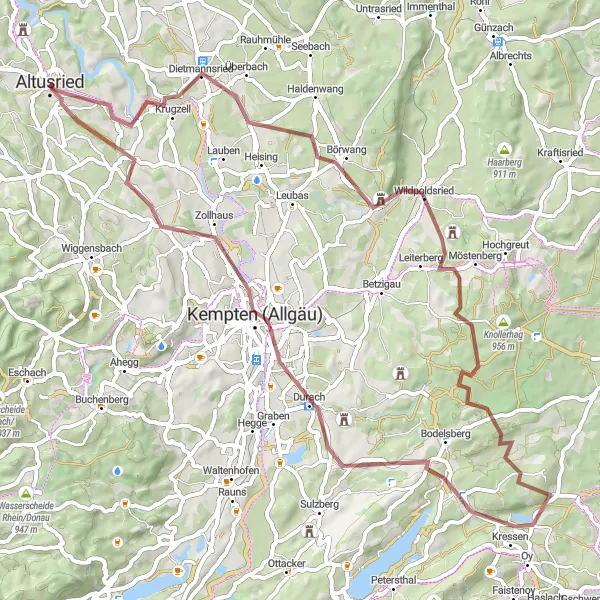 Map miniature of "Unterschwarzenberg Exploration" cycling inspiration in Schwaben, Germany. Generated by Tarmacs.app cycling route planner