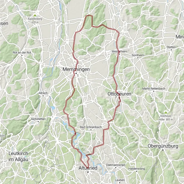 Karten-Miniaturansicht der Radinspiration "Rund um Altusried - Gravel-Tour durch Schwaben" in Schwaben, Germany. Erstellt vom Tarmacs.app-Routenplaner für Radtouren