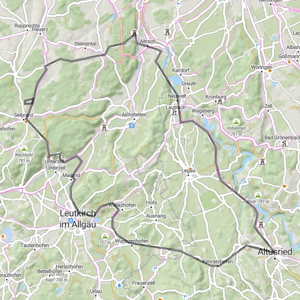 Map miniature of "Around Kimratshofen" cycling inspiration in Schwaben, Germany. Generated by Tarmacs.app cycling route planner