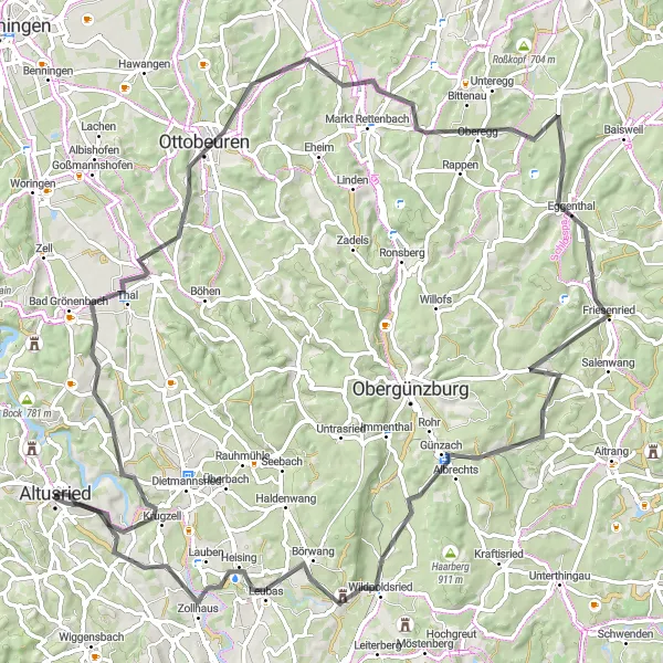 Map miniature of "Panoramic Road Ride" cycling inspiration in Schwaben, Germany. Generated by Tarmacs.app cycling route planner