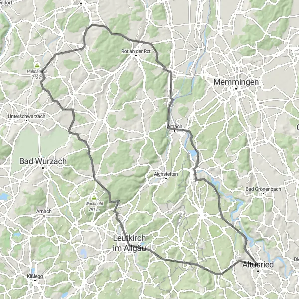 Karten-Miniaturansicht der Radinspiration "Landschaftliche Vielfalt auf 94 Kilometern" in Schwaben, Germany. Erstellt vom Tarmacs.app-Routenplaner für Radtouren