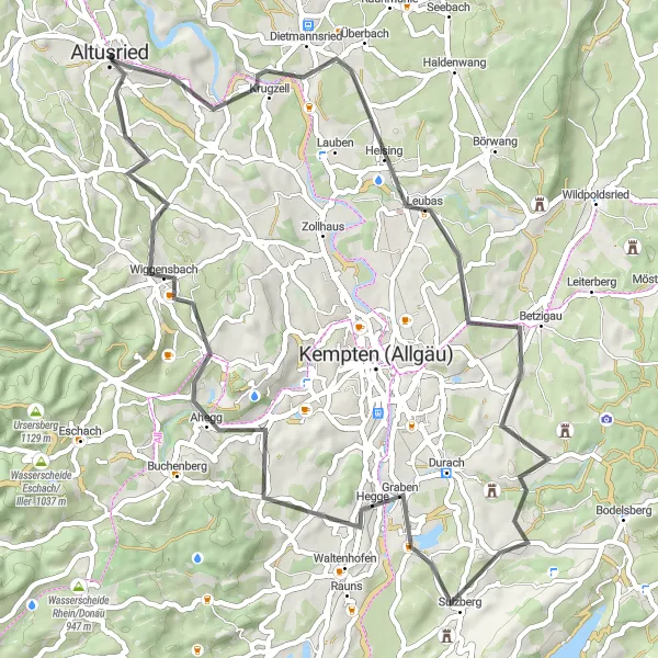 Map miniature of "Cycling Through Betzigau" cycling inspiration in Schwaben, Germany. Generated by Tarmacs.app cycling route planner