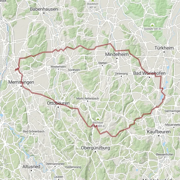 Map miniature of "Country Gravel Adventure" cycling inspiration in Schwaben, Germany. Generated by Tarmacs.app cycling route planner
