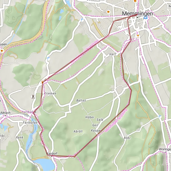 Map miniature of "Memmingen Short Escape" cycling inspiration in Schwaben, Germany. Generated by Tarmacs.app cycling route planner