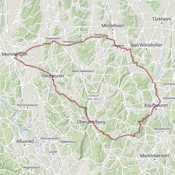 Map miniature of "Allgäu Gravel Delight" cycling inspiration in Schwaben, Germany. Generated by Tarmacs.app cycling route planner