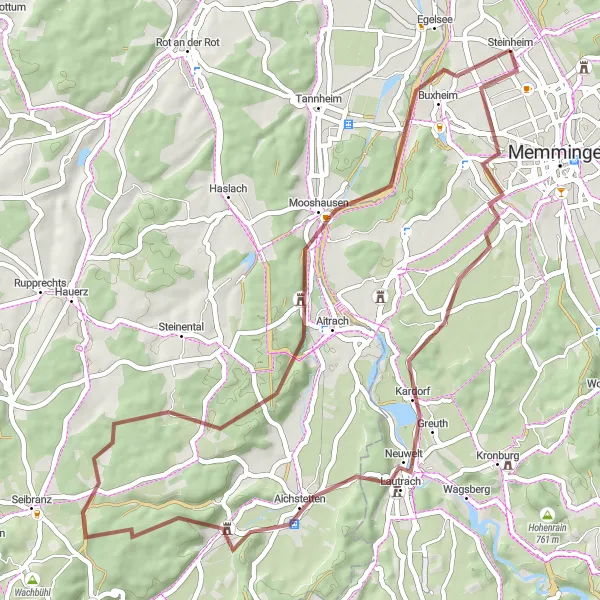 Map miniature of "Amendingen - Burgruine Marstetten - Blutsberg - Illerbeuren - Vogelbeobachtungsstation - Buxach" cycling inspiration in Schwaben, Germany. Generated by Tarmacs.app cycling route planner