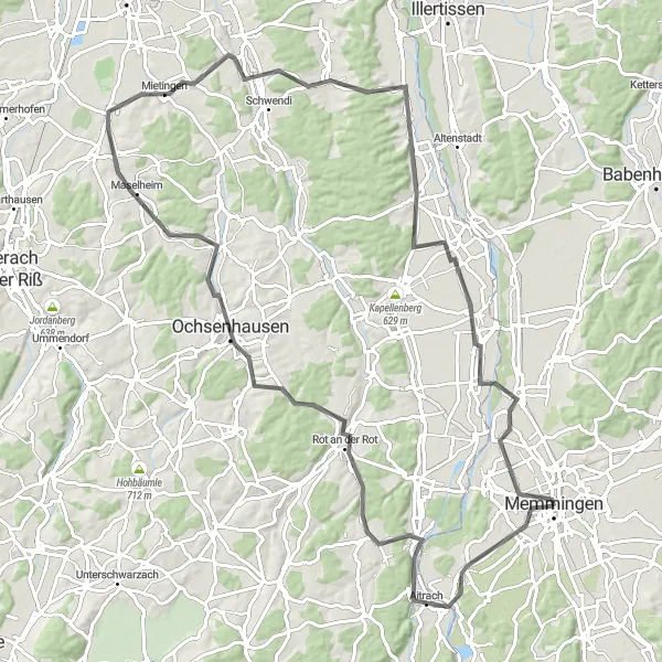 Map miniature of "The Heritage Road" cycling inspiration in Schwaben, Germany. Generated by Tarmacs.app cycling route planner