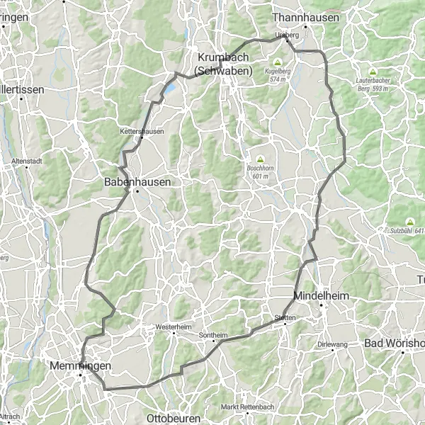 Map miniature of "Memmingen Loop" cycling inspiration in Schwaben, Germany. Generated by Tarmacs.app cycling route planner