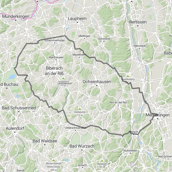 Map miniature of "The Illerfeld Castle Loop" cycling inspiration in Schwaben, Germany. Generated by Tarmacs.app cycling route planner