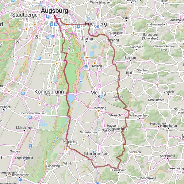 Map miniature of "Augsburg to Haunstetten-Siebenbrunn Circuit" cycling inspiration in Schwaben, Germany. Generated by Tarmacs.app cycling route planner