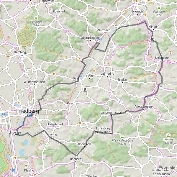 Map miniature of "Dasing and Sielenbach Loop" cycling inspiration in Schwaben, Germany. Generated by Tarmacs.app cycling route planner