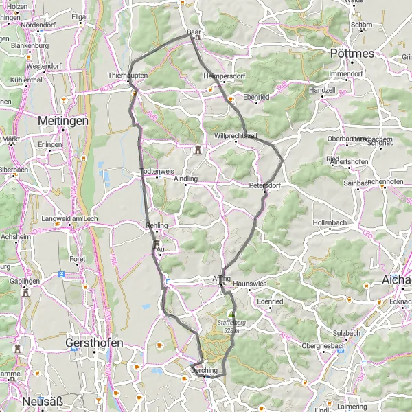 Map miniature of "Thierhaupten Castle and Natural Beauty" cycling inspiration in Schwaben, Germany. Generated by Tarmacs.app cycling route planner