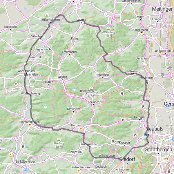 Map miniature of "Challenging Hills and Scenic Views" cycling inspiration in Schwaben, Germany. Generated by Tarmacs.app cycling route planner