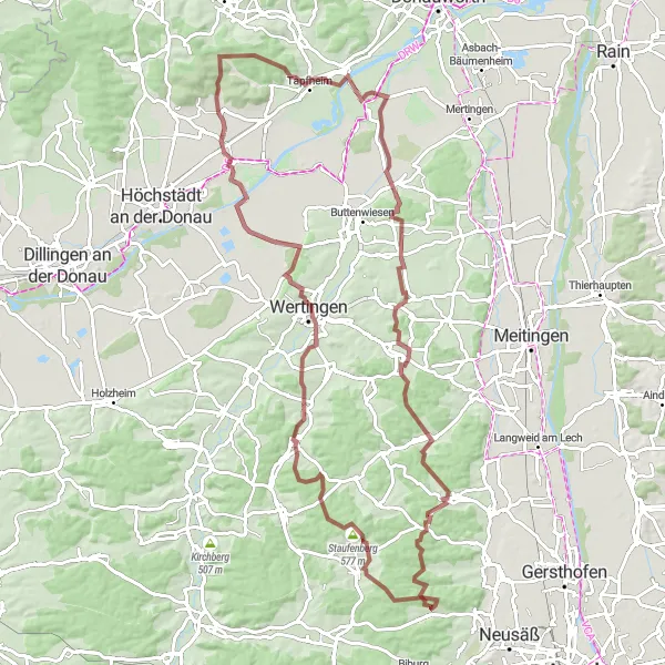 Map miniature of "Austrian Border Adventure" cycling inspiration in Schwaben, Germany. Generated by Tarmacs.app cycling route planner