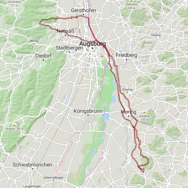 Karten-Miniaturansicht der Radinspiration "Gravelroute ab Aystetten nach Steindorf" in Schwaben, Germany. Erstellt vom Tarmacs.app-Routenplaner für Radtouren