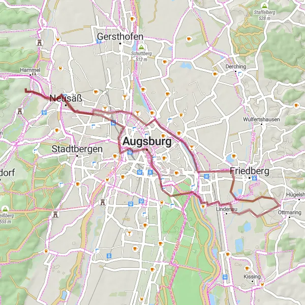 Karten-Miniaturansicht der Radinspiration "Fahrradtour ab Aystetten nach Augsburg" in Schwaben, Germany. Erstellt vom Tarmacs.app-Routenplaner für Radtouren