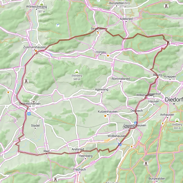 Map miniature of "Schwaben Gravel Adventure" cycling inspiration in Schwaben, Germany. Generated by Tarmacs.app cycling route planner