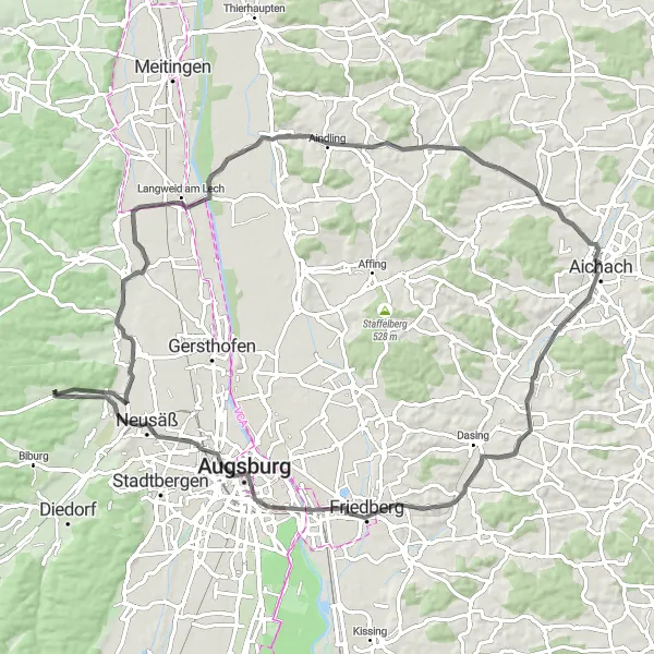 Map miniature of "Pfaffenberg Loop" cycling inspiration in Schwaben, Germany. Generated by Tarmacs.app cycling route planner