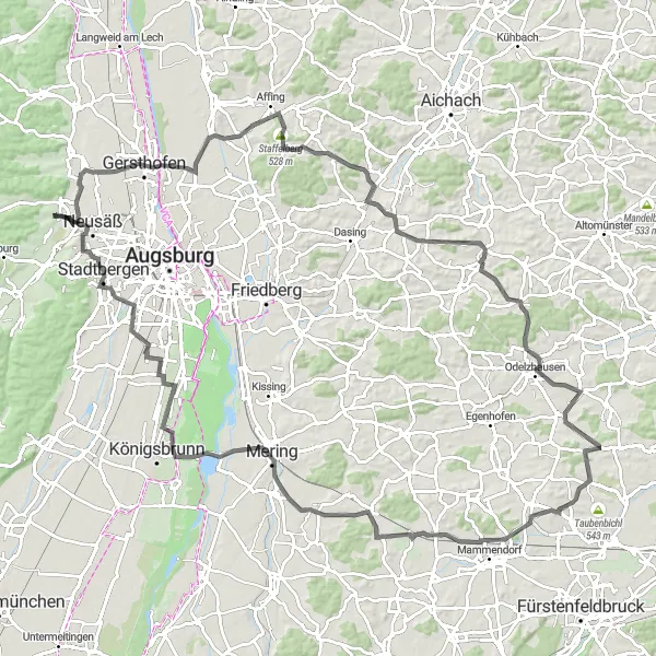 Map miniature of "Bavarian Countryside Adventure" cycling inspiration in Schwaben, Germany. Generated by Tarmacs.app cycling route planner