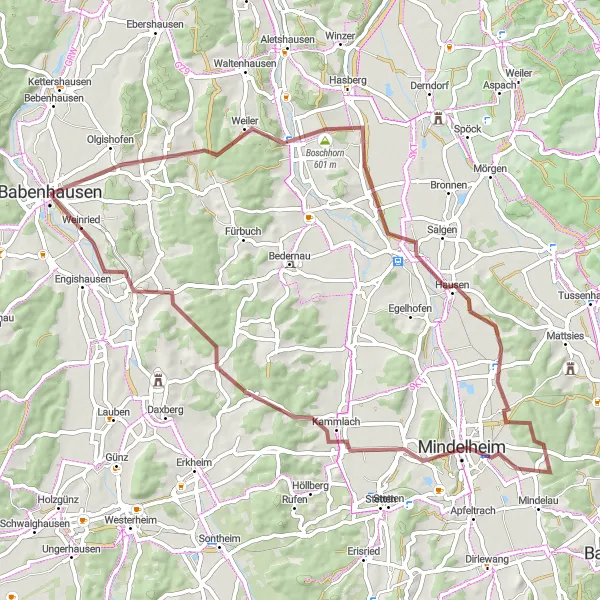 Map miniature of "Babenhausen - Boschhorn - Pfaffenhausen - Mindelheim - Kreuzweg - Oberschönegg - Fuggerschloss Babenhausen" cycling inspiration in Schwaben, Germany. Generated by Tarmacs.app cycling route planner