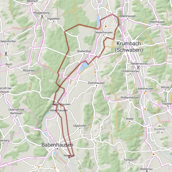 Map miniature of "Babenhausen - Breitenthal - Deisenhausen - Günztalpanorama - Kettershausen - Weinried" cycling inspiration in Schwaben, Germany. Generated by Tarmacs.app cycling route planner