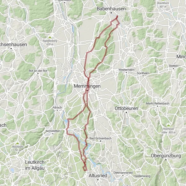 Map miniature of "Memmingen Adventure" cycling inspiration in Schwaben, Germany. Generated by Tarmacs.app cycling route planner