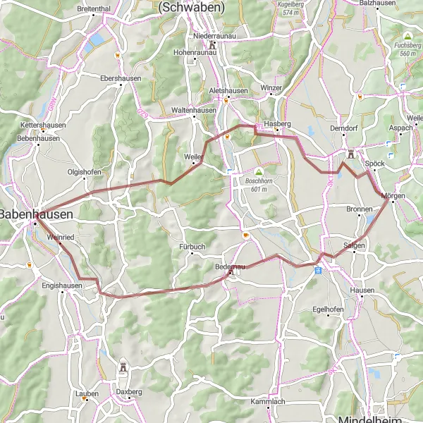 Map miniature of "Babenhausen Explorer" cycling inspiration in Schwaben, Germany. Generated by Tarmacs.app cycling route planner