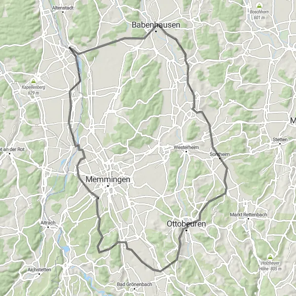 Map miniature of "Babenhausen - Erkheim - Wolfertschwenden - Buxach - Kellmünz an der Iller" cycling inspiration in Schwaben, Germany. Generated by Tarmacs.app cycling route planner