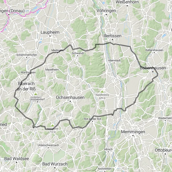 Map miniature of "Babenhausen - Heimertingen - Rot an der Rot - Hohbäumle - Eberhardzell - Mittelbiberach - Lindele - Mietingen - Wain - Babenhausen" cycling inspiration in Schwaben, Germany. Generated by Tarmacs.app cycling route planner