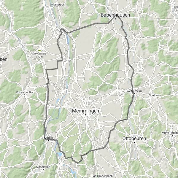 Karten-Miniaturansicht der Radinspiration "Straßenrundtour von Babenhausen" in Schwaben, Germany. Erstellt vom Tarmacs.app-Routenplaner für Radtouren