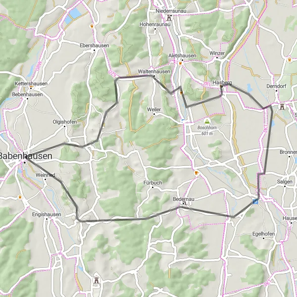 Map miniature of "Waltenhausen Historic Ride" cycling inspiration in Schwaben, Germany. Generated by Tarmacs.app cycling route planner