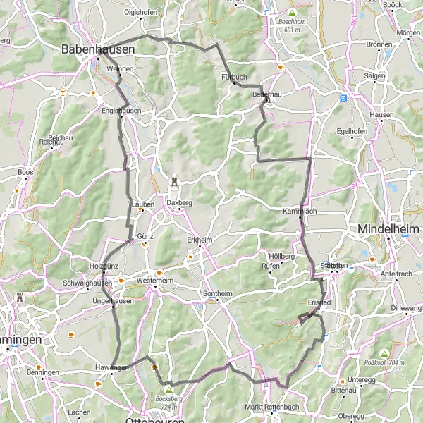 Map miniature of "Günz Valley Ride" cycling inspiration in Schwaben, Germany. Generated by Tarmacs.app cycling route planner