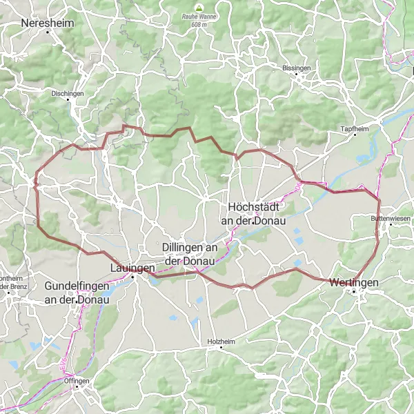Map miniature of "Lauingen Gravel Trail" cycling inspiration in Schwaben, Germany. Generated by Tarmacs.app cycling route planner