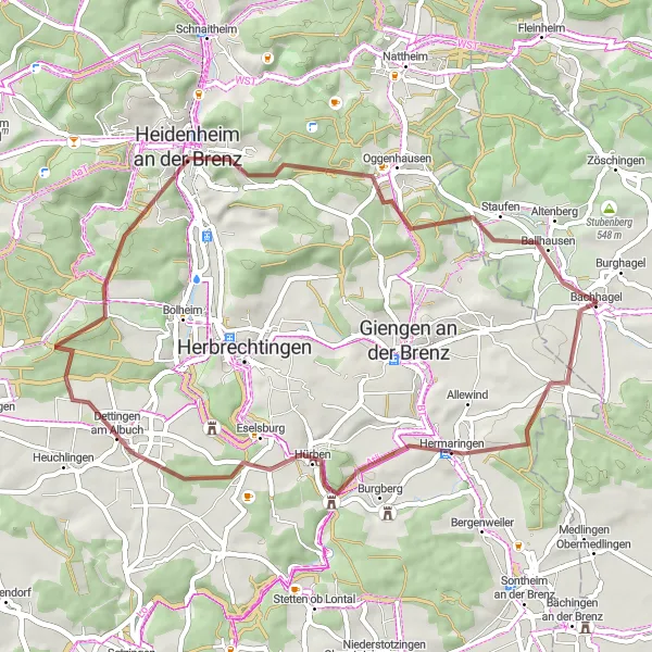 Map miniature of "Bachhagel - Gravel Adventure" cycling inspiration in Schwaben, Germany. Generated by Tarmacs.app cycling route planner