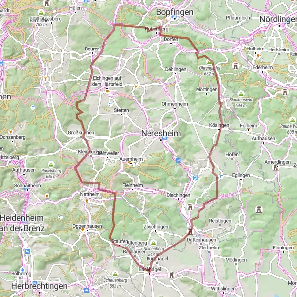 Map miniature of "Beuren Gravel Adventure" cycling inspiration in Schwaben, Germany. Generated by Tarmacs.app cycling route planner