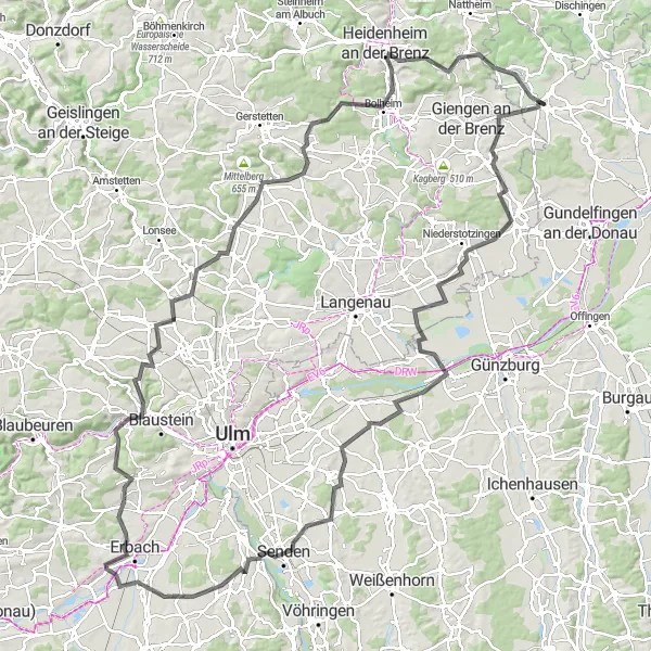 Map miniature of "Illerkirchberg Expedition" cycling inspiration in Schwaben, Germany. Generated by Tarmacs.app cycling route planner