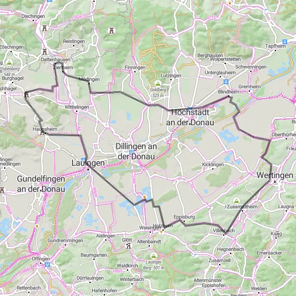 Map miniature of "Ziertheim - Lauingen Circuit" cycling inspiration in Schwaben, Germany. Generated by Tarmacs.app cycling route planner