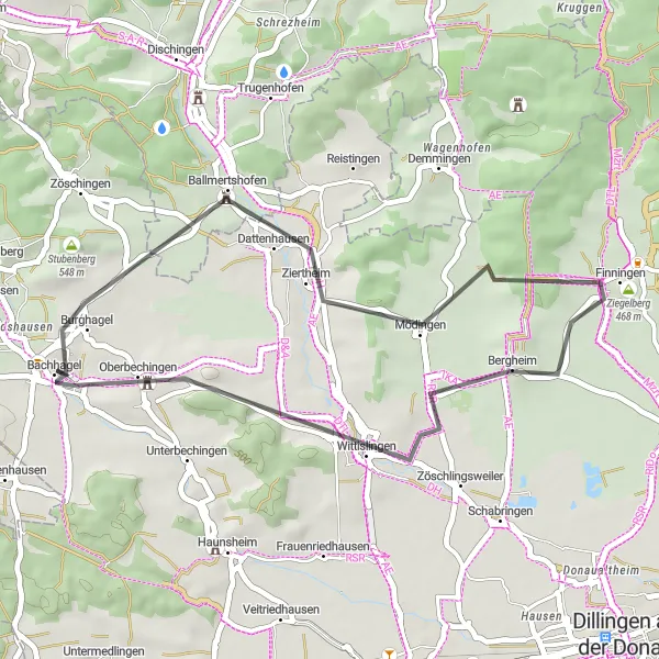 Map miniature of "Wülfersberg - Oberbechingen Loop" cycling inspiration in Schwaben, Germany. Generated by Tarmacs.app cycling route planner