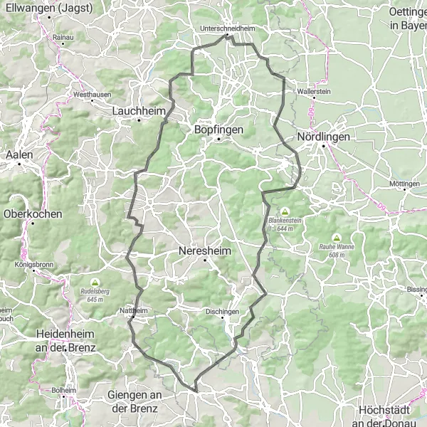 Map miniature of "Bachhagel - Unterschneidheim Challenge" cycling inspiration in Schwaben, Germany. Generated by Tarmacs.app cycling route planner