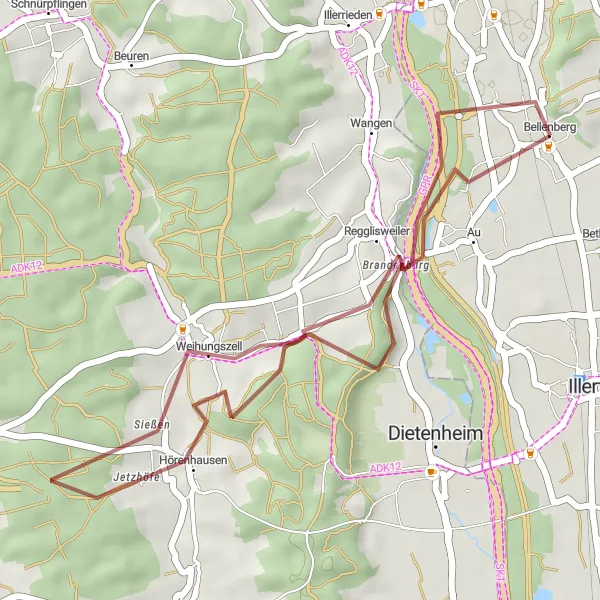 Map miniature of "The Regglisweiler Trail" cycling inspiration in Schwaben, Germany. Generated by Tarmacs.app cycling route planner