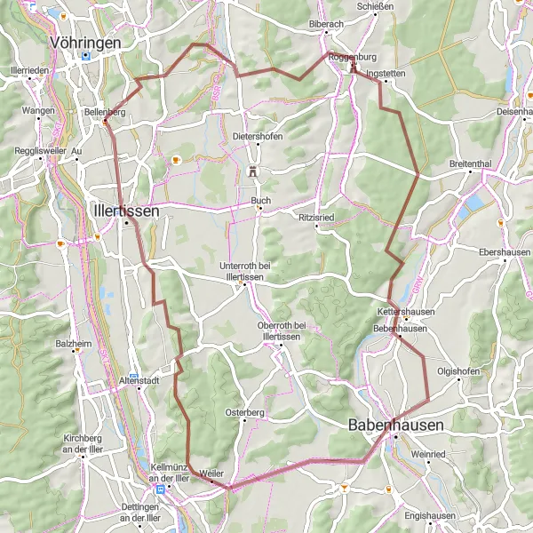 Map miniature of "Roggenburg Loop" cycling inspiration in Schwaben, Germany. Generated by Tarmacs.app cycling route planner